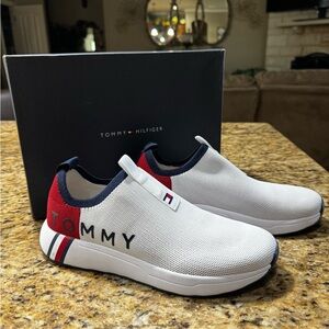 Tommy Hilfiger White and Red Mesh Slip-Ons